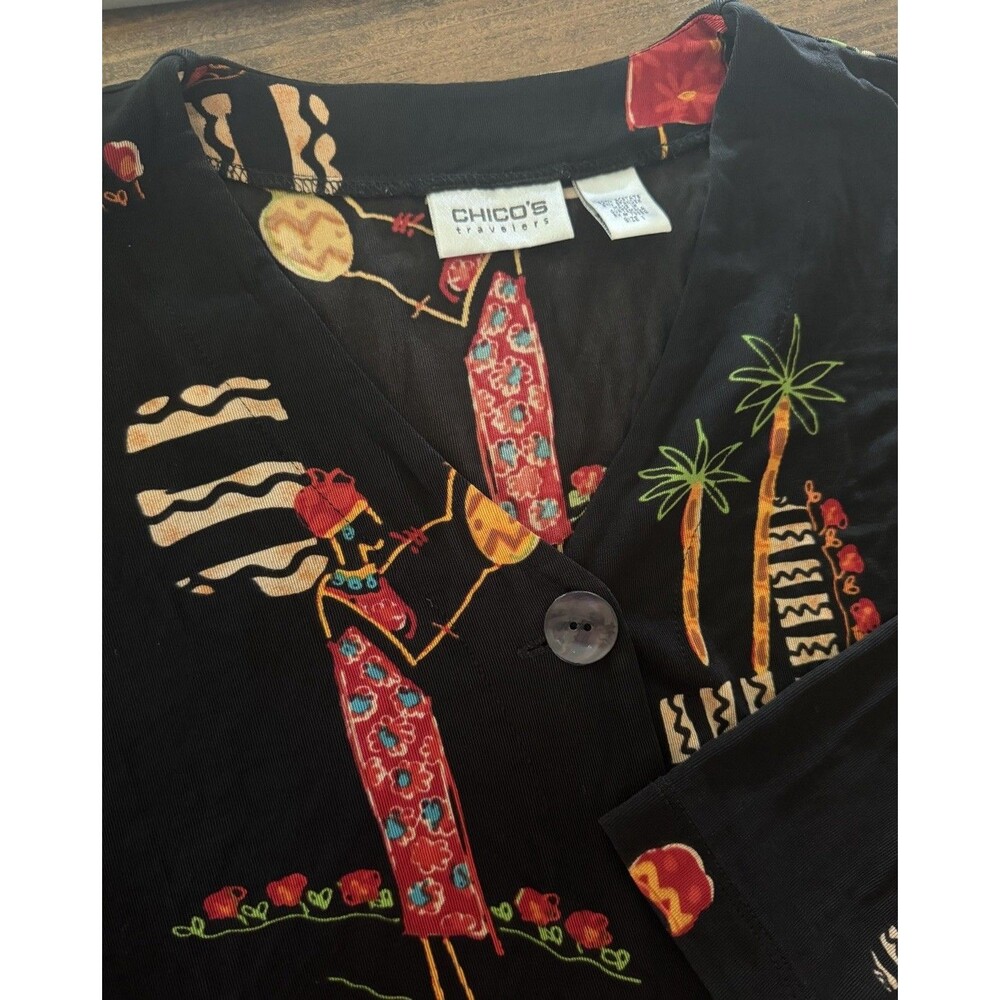 Chicos Blouse Womens 1 Medium Black Tropical V-Neck Button Stretch Packable Top